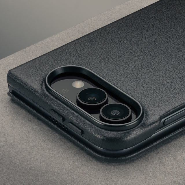 Camera cutout on the Black with Red detail Slim Leatther Folio for iPhone Ultra