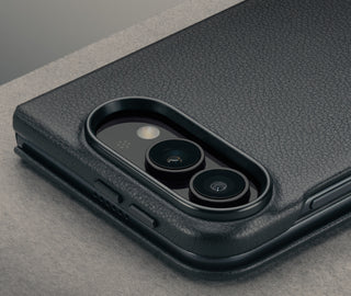 Camera cutout on the Black with Red detail Slim Leatther Folio for iPhone Ultra