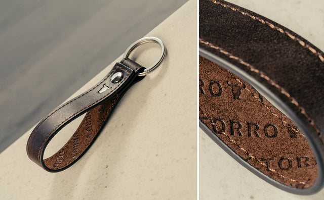 Dark brown leather keyring with branded microfibre lining