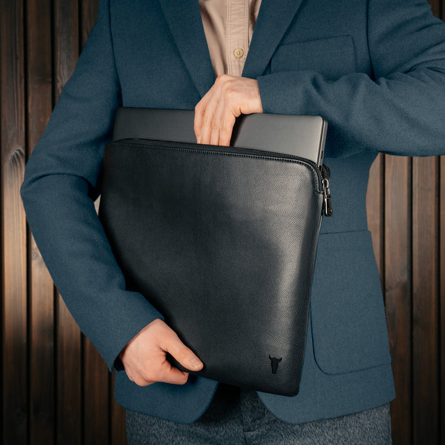 Black Leather Laptop Sleeve with Zip Closure