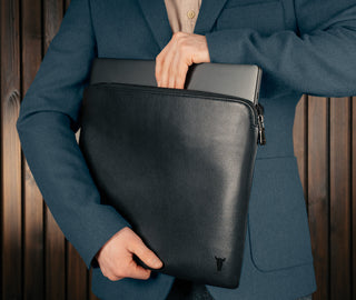 Black Leather Laptop Sleeve with Zip Closure