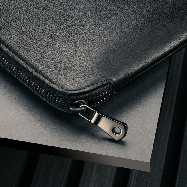 Black Leather Laptop Sleeve with Zip Closure
