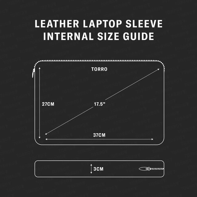 Size Guide for the Black Leather Laptop Sleeve with Zip Closure