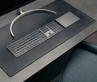 Desk setup with Large Black Leather Desk Mat