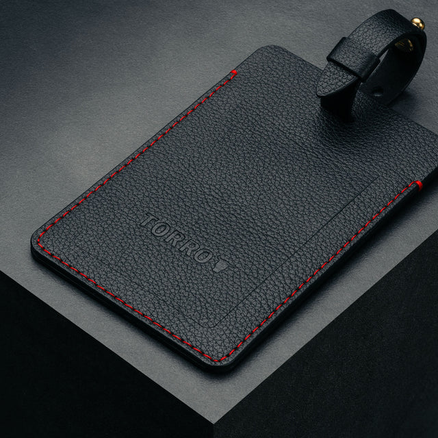 Black with Red Stitching Leather Luggage Tag