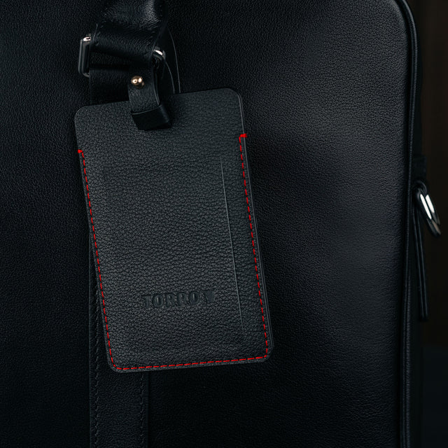 Black with Red Stitching Leather Luggage Tag