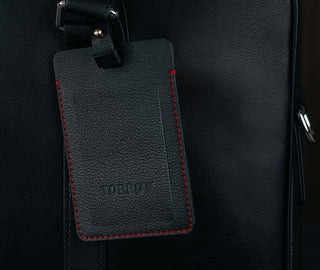 Black with Red Stitching Leather Luggage Tag