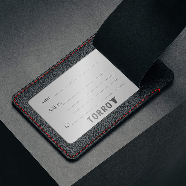 Black with Red Stitching Leather Luggage Tag