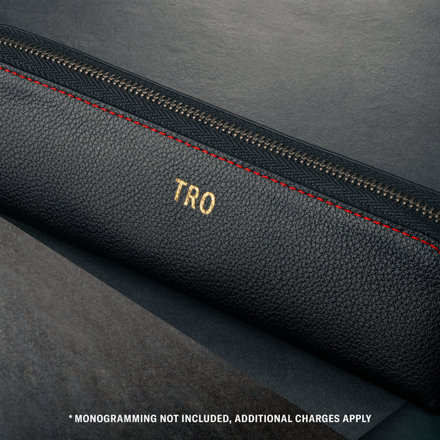 Monogrammed Black with Red Detail Leather Pencil Case