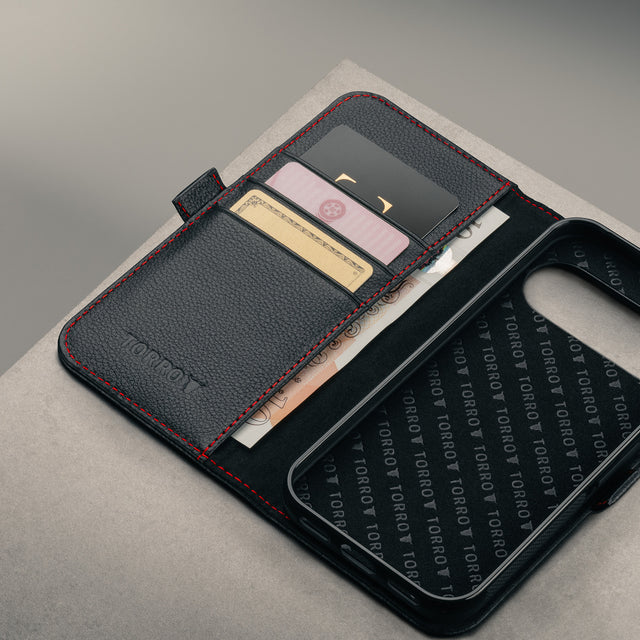 Card slots inside the Black with Red Stitching Leather Case for the Google Pixel 11