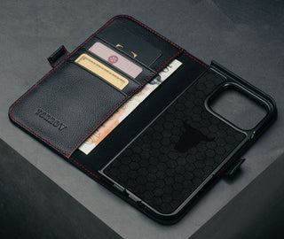 Card slots inside the Black with Red Detail Leather Case for Google Pixel 9 Pro Fold