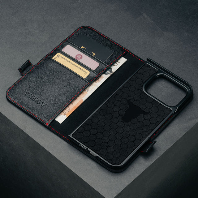 Card slots and microfibre lining in the Black with Red Detail Leather Case for Google Pixel Fold 2
