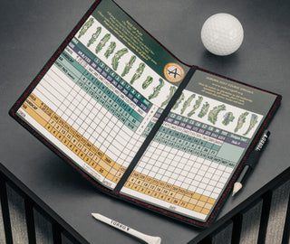 Golf scorecard in the Pro edition of the Black with Red Detail Leather Golf Scorecard Holder