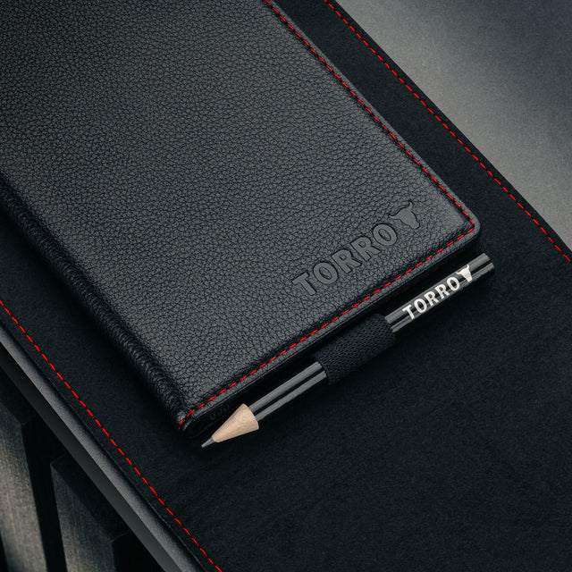 Magnetically attachable scorecard holder in the PRO Edition of the Black with Red Detail Leather Golf Scorecard & Yardage Book Holder