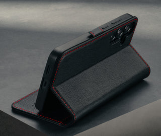 Stand function of the Black with Red Detail Leather Case for Galaxy A56