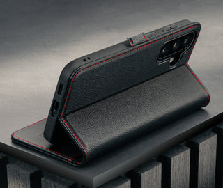 Stand function of the Black with Red Detail Leather Case for Galaxy A57