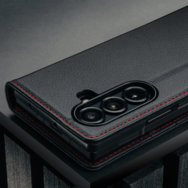 Camera cutout on the Black with Red Detail Leather Case for Samsung Galaxy Z Fold7