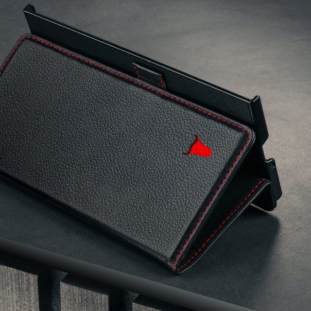 Magnetic closure clasp on the Black with Red Detail Leather Case for Samsung Galaxy Z Fold7
