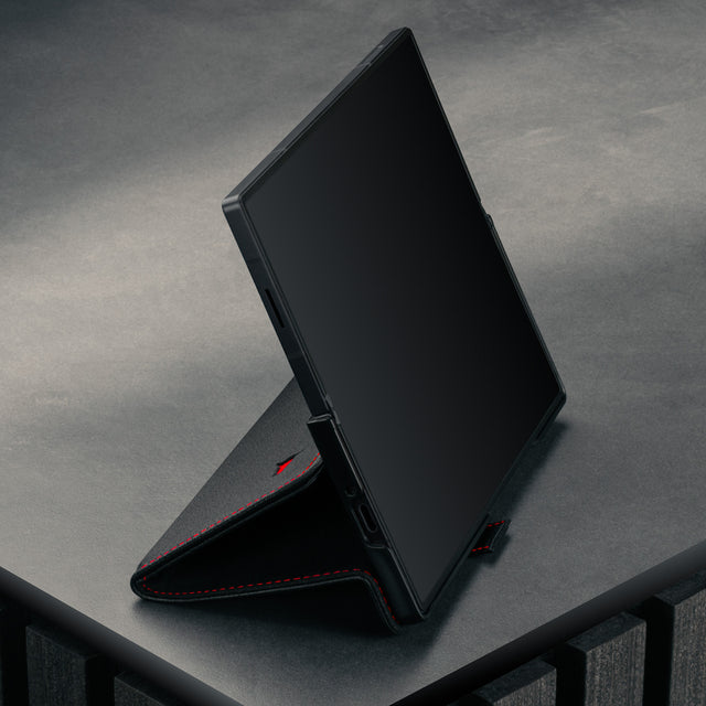 Integrated stand function of the Black with Red Detail Leather Case for Samsung Galaxy Z Fold7