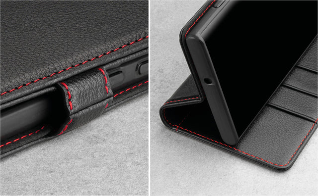 Magnetic Closure Tab and Stand Function of the Black with Red Detail Leather Case for Samsung Galaxy S22 Ultra