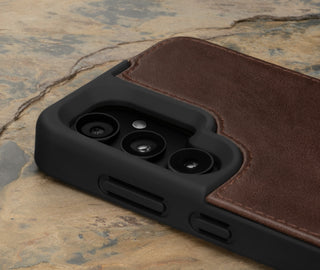 Camera cutout on the Dark Brown Leather Bumper Case for Samsung Galaxy S24
