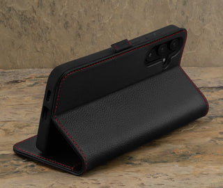 Stand function of the Black Leather with Red Detail Case for Galaxy S24 FE