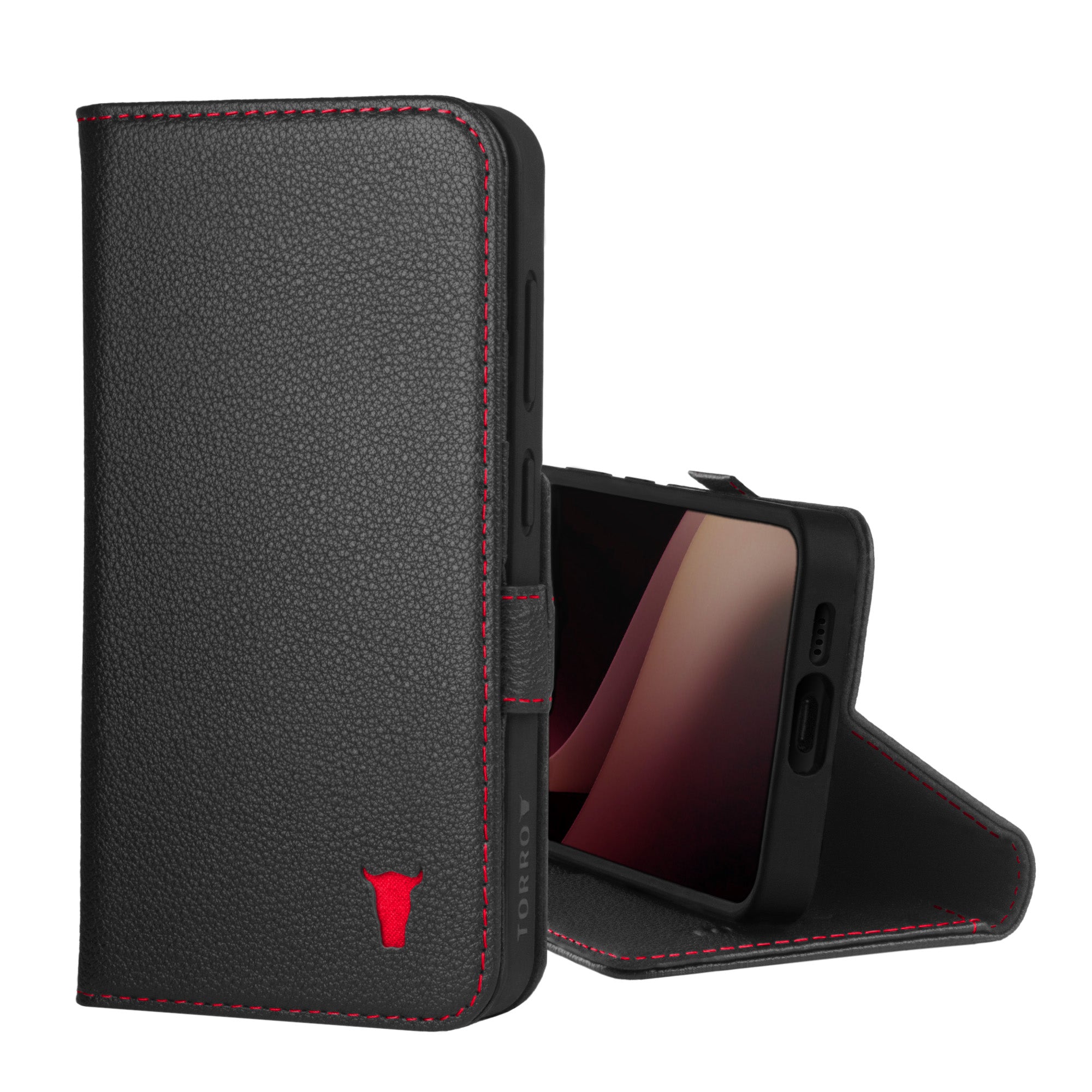Torro Galaxy S24 Leather Case (with Stand Function) - Black With Red