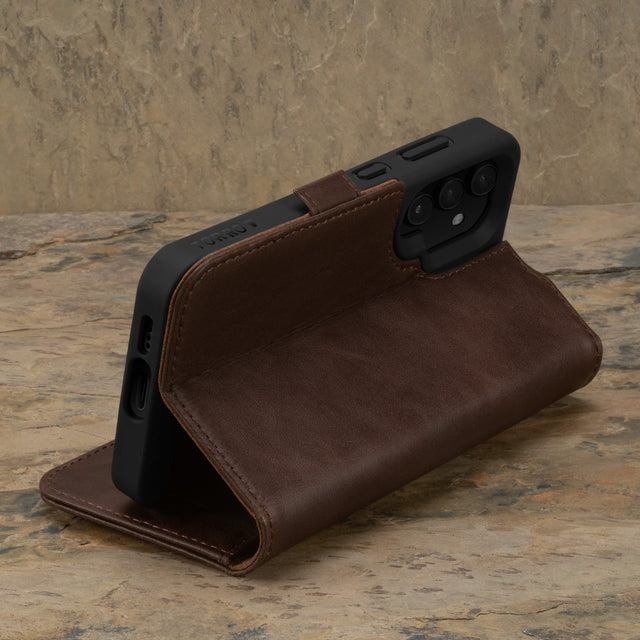 Stand feature of the Dark Brown Leather Wallet Case for Samsung Galaxy S24
