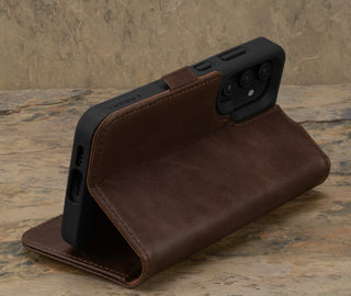 Stand feature of the Dark Brown Leather Wallet Case for Samsung Galaxy S24