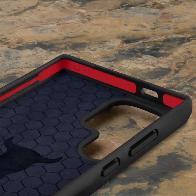 GEO-AS-3 technology in the Navy Blue Leather Bumper Case for Samsung Galaxy S24 Ultra