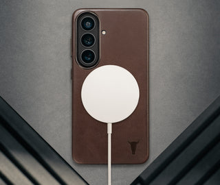 Wireless charger attached to the Dark Brown Leather Bumper Case for Galaxy S26