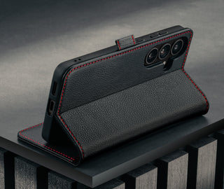 Stand feature of the Black with Red Detail Leather Stand Case for Galaxy S26