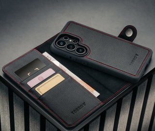Bumper Case and detachable cover of the Black with Red Detail Leather Detachable Case for Galaxy S26 Ultra