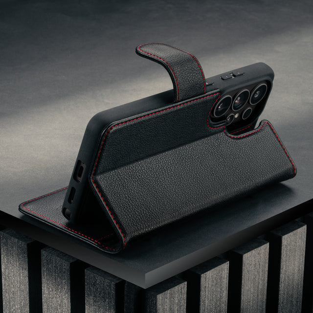 Stand function of the Black with Red Detail Leather Detachable Case for Galaxy S26 Ultra