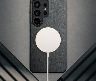 Wireless charger attached to the Black Leather Bumper Case for Galaxy S26 Ultra