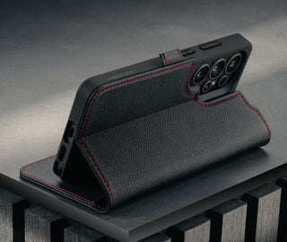 Stand feature of the Black with Red Detail Leather Stand Case for Galaxy S26 Ultra