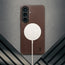 Wireless charger attached. tothe Dark Brown Leather Bumper Case for Galaxy S26+