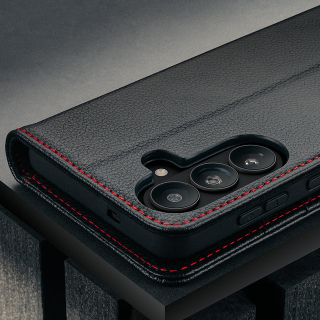 Camera cutout on the Black with Red Detail Leather Stand Case for Galaxy S26+