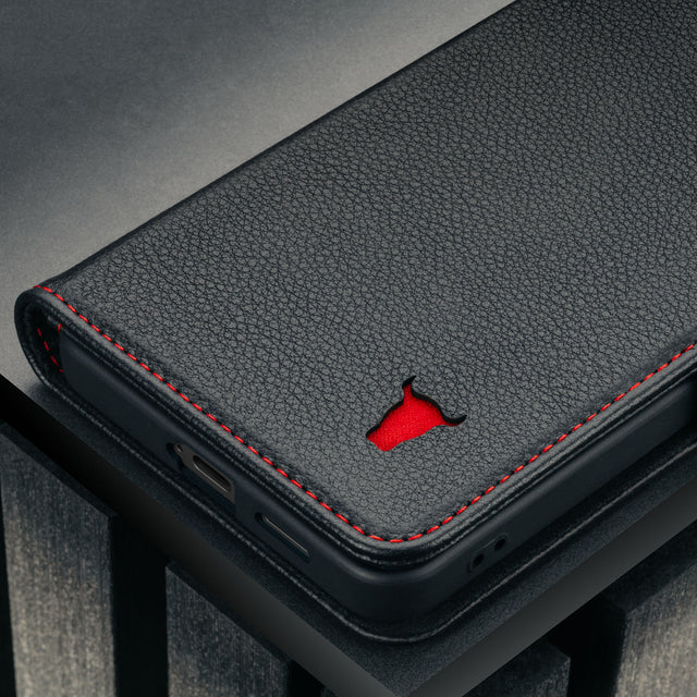 Black with Red Detail Leather Stand Case for Galaxy S26+