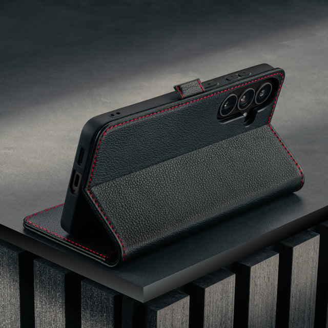 Stand feature of the Black with Red Detail Leather Stand Case for Galaxy S26+