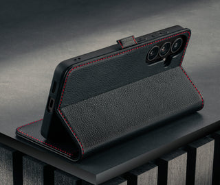 Stand feature of the Black with Red Detail Leather Stand Case for Galaxy S26+