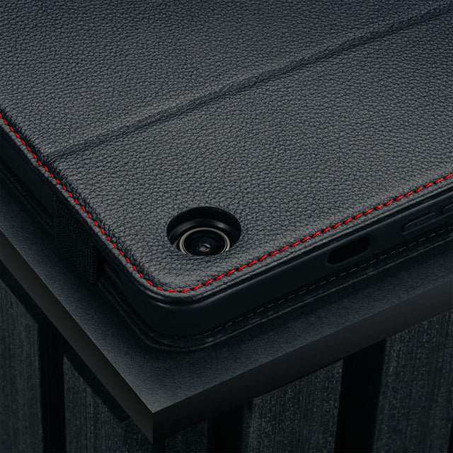 Camera cutout on the Black with Red Stitching Leather Case for Samsung Galaxy Tab A9