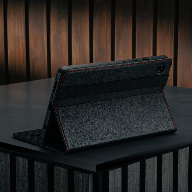 Stand function of the Black with Red Stitching Leather Case for Samsung Galaxy Tab A9