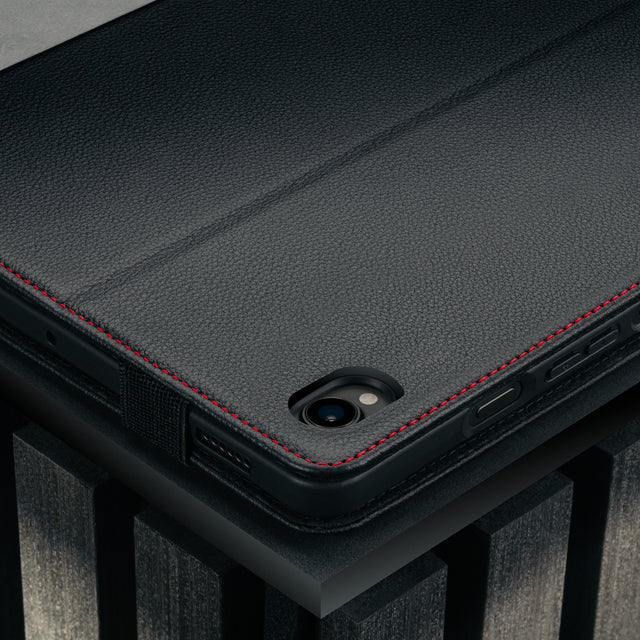 Camera cutout on the Black with Red Detail Leather Case for Galaxy Tab S11