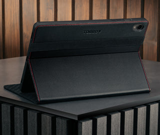 Stand function of the Black with Red Detail Leather Case for Galaxy Tab S11