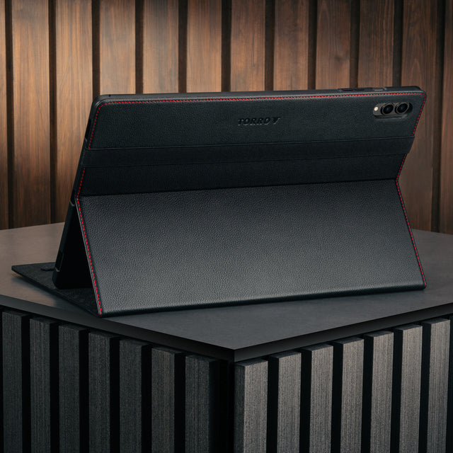 Stand function of the Black with Red Detail Leather Case for Galaxy Tab S11 Ultra