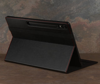 Integrated stand function of the Black with Red Detail Leather Case for Samsung Galaxy Tab S9 Ultra