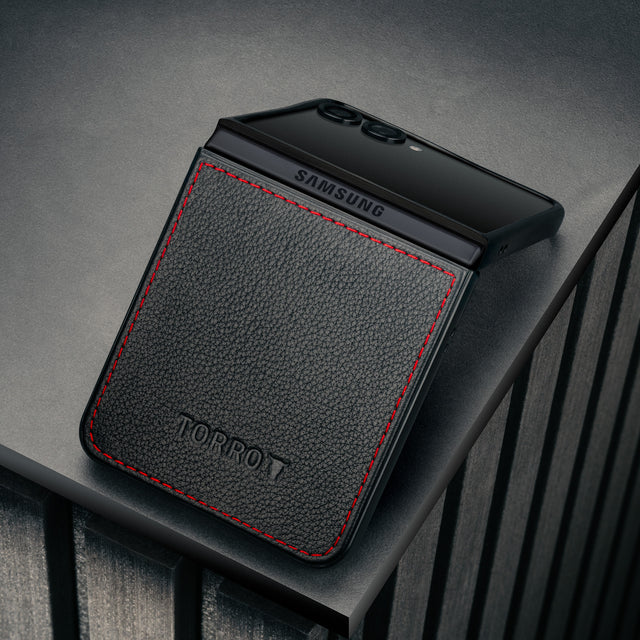 Black with Red Detail Leather Case for Galaxy  Flip7