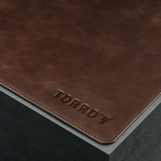 Close up of the Small Dark Brown Leather Desk Mat