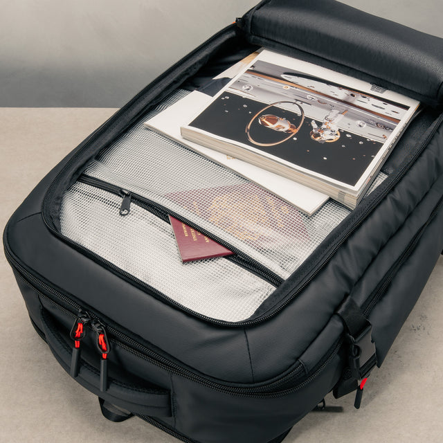 Large storage pocket on the front of the Black eith Red Detail Travel Backpack